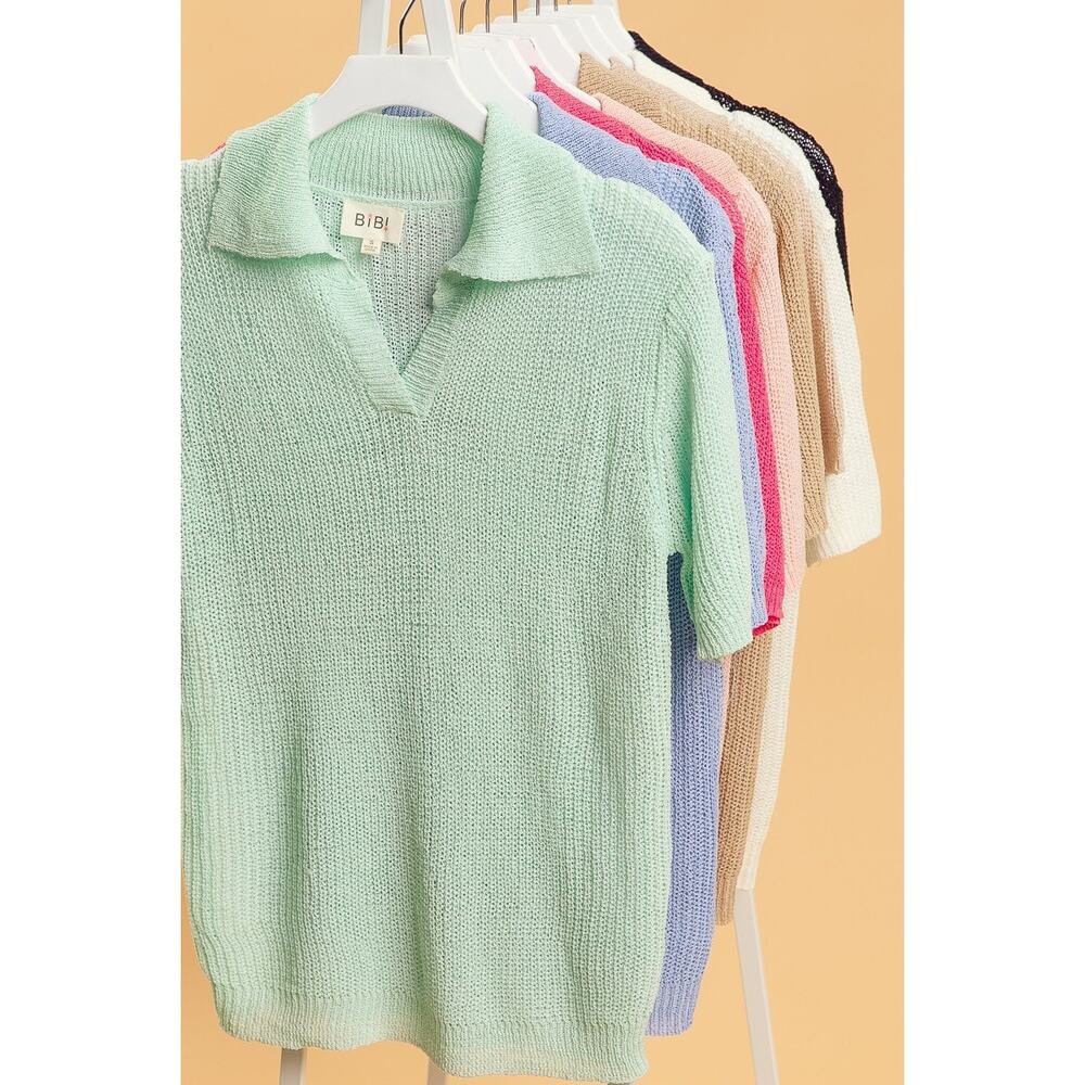 BiBi Short Sleeves Collared Neck Oversized Casual Knit Cover Up Top | Cappuccino - Picture 8 of 8
